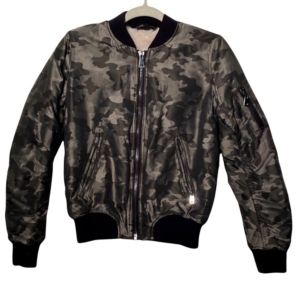 Topshop Black Silver Camo Faux Fur Lined Bomber Jacket Womens Size 2